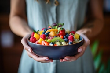 A woman holding a bowl of fruit salad