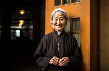 Old Asian woman standing next to large wooden door. Elderly catholic nun or sister. Generative AI - obrazy, fototapety, plakaty