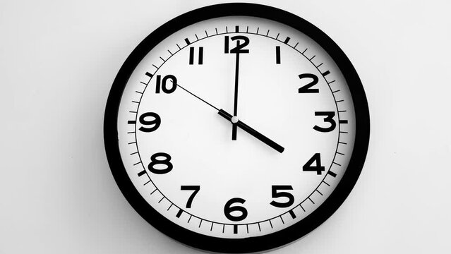 Closeup of White Clock Face on white wall clock, arrows show 16.00 or 04.00