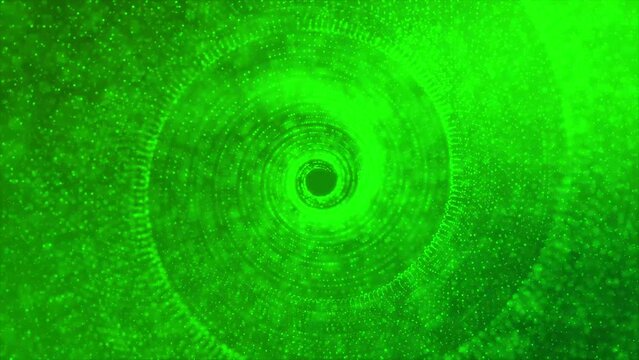 Abstract of a spinning green spiral composed of circular green dots against a black background creates an illusion of motion. Abstract dot round half tone spinning elements. Rotating twirl background.