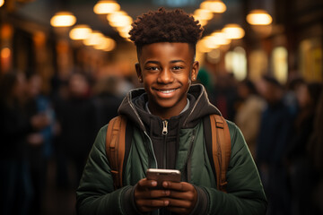 portrait of black skin boy with smartphone