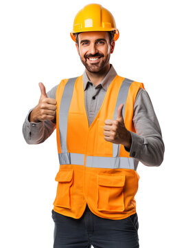 Construction worker shows thumbs up. Happy builder cheers isolated on transparent background