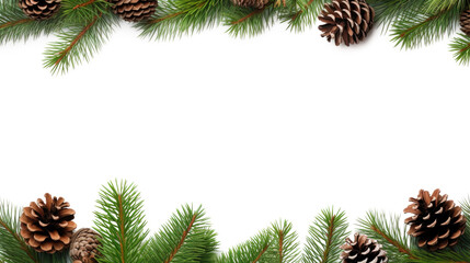 Christmas border frame with fir tree branches and pine cones isolated on white background