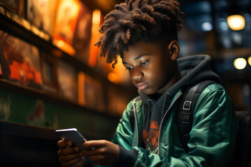 portrait of black skin boy with smartphone