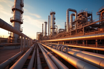 Industrial plant with pipeline. Oil and gas refinery. Heavy industry concept