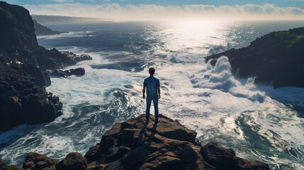 A person, musing and reflecting, observing the enormous sea breakers battering the rocks beneath the cliffside.