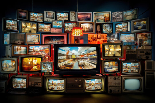 Lots of TV screens in a dark room. Television addiction. Manipulation of people with the help of mass media. Entertainment and streaming content consumption