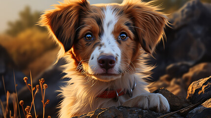 This endearing close-up shot of a pup with large, emotional eyes will definitely captivate hearts and bring delight to any assignment or commercial. - obrazy, fototapety, plakaty