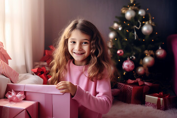 Fototapeta na wymiar A girl child in pink pajamas sits against the background of a Christmas tree and opens gifts in pink packaging in the morning.