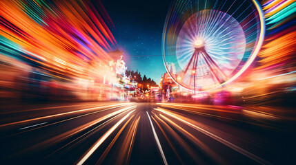 Fototapeta na wymiar A captivating long-exposure pic displaying the hypnotic glows of hued light put out by a swivel-wheel amidst a resplendent carnival ambiance.