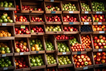 Crates of fresh fruit such as apples are for sale in the store. Buying vegetables and fruits at the...