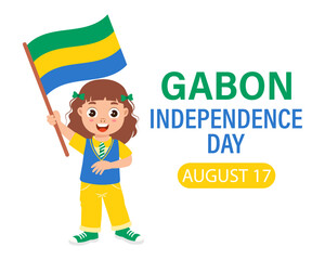 Gabon Independence Day. Cute little girl with Gabon flag. Cartoon illustration, banner, poster, vector