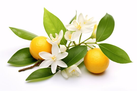 An isolated citrus tree blossom was photographed against a white backdrop.