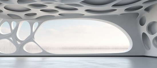 White and concrete interior with window illustrated and rendered by AI