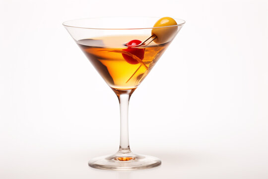 A filthy Manhattan cocktail served in a triangular glass, on a pallid background.