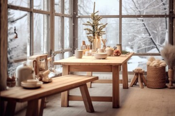 Christmas white winter scandinavian interior. Happy Xmas holiday privacy weekend. Cozy tea ceremony, candles, and snowy landscape outside in window.