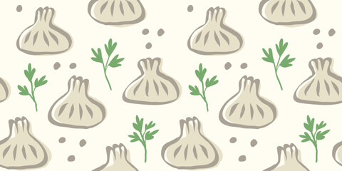 Vector seamless pattern of Georgian food of khinkali in doodle style. Khinkali, food of Georgia.