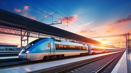 Fototapeta premium The setting sun provides a stunning backdrop as a high-speed passenger train moves swiftly along the tracks..