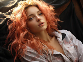 Fototapeta premium Girl laying with pink hair in bed.