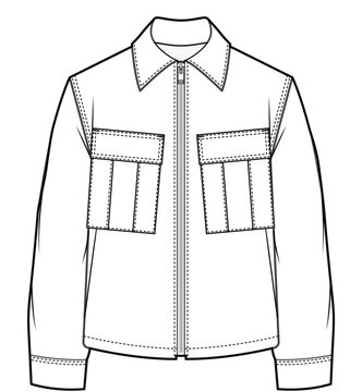 mens long sleeve zipper front utility jacket flat sketch vector illustration technical cad drawing template