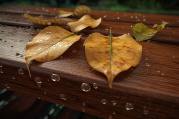 Leaves on a wooden bench with raindrops, autumn