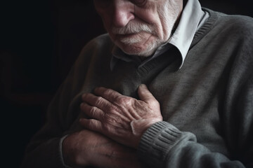 elderly man holding his heart, feeling severe pain or heart attack.