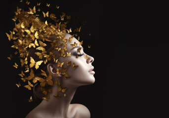 A girl with a head filled with butterflies, butterflies in her head, butterflies flying out of the girl's head, aerial photo