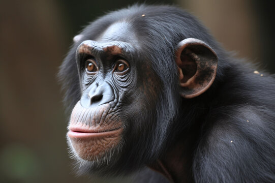 Close-up photo of a chimpanzee's head, an ape with a clear look at the camera. Close-up portrait of a monkey.