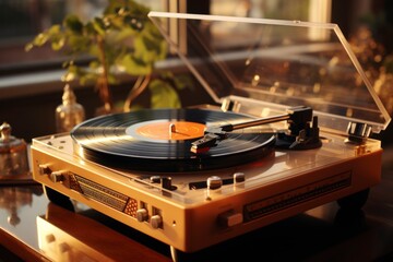A retro turntable with a vinyl record spinning and the stylus poised to play music, capturing the nostalgia and warmth of analog audio