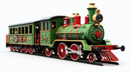 Fototapeta premium Automotive: Vibrant Green Christmas Train with Red Wheels Chugging Forward on White Background