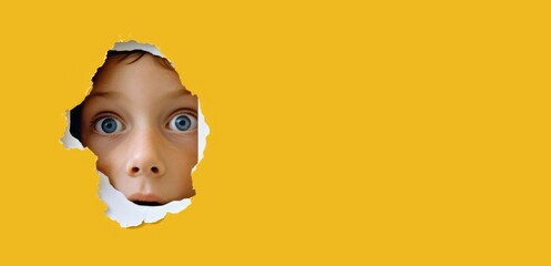 The boy's surprised face stares into the hole in the yellow background