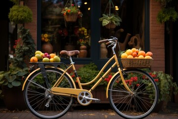 A vintage bicycle with a basket of fresh fruits.