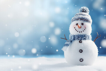 Cute snowman smiling, looking at camera, wearing a hat and a scarf, Christmas background, New Year, greeting card, space for text, winter landscape
