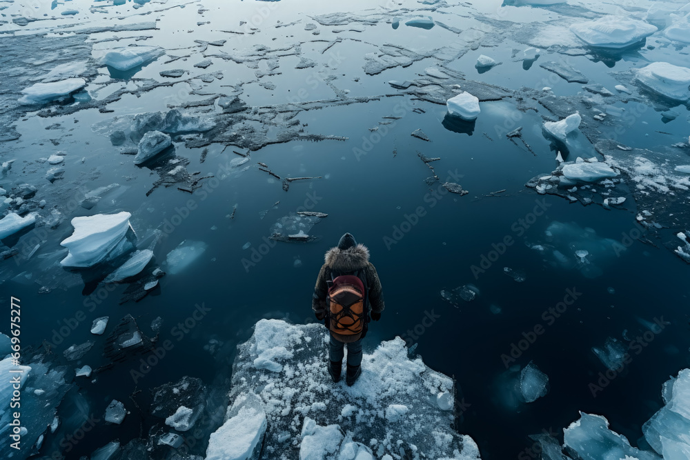 Poster diver submerging into icy arctic waters background with empty space for text
