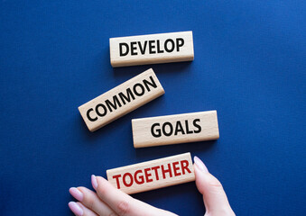 Develop common Goals Together symbol. Concept words Develop common Goals Together on wooden blocks. Businessman hand. Beautiful deep blue background. Business concept. Copy space.