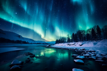 Aurora Borealis illuminating dark winter sky background with empty space for text 