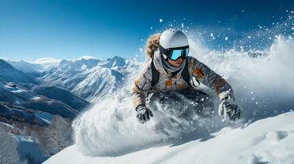 Fototapeta na wymiar Adventurous snowboarder carving through pristine untouched mountain snow 