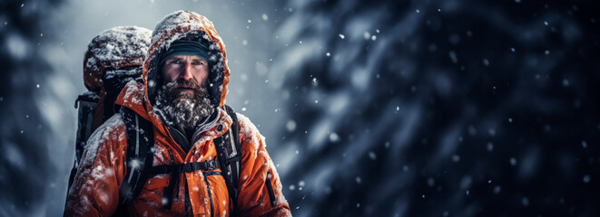 Experienced skier survival trekking in heavy snowfall remote mountainous wilderness 
