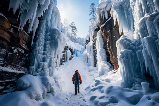 Daring hiker navigating frozen waterfall amidst snowy winter wilderness 
