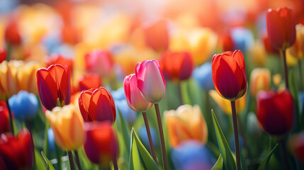 multicolor tulips in the garden - obrazy, fototapety, plakaty