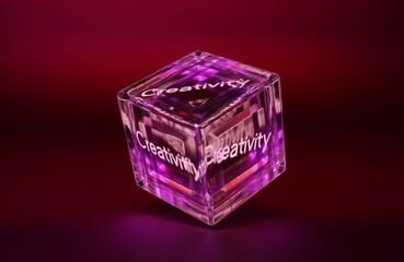 A purple cube with the words creativity written on it