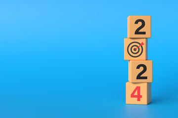 numbers 2024 on wooden cubes to prepare for New Year's changes and launch of a new target business strategy concept.illustration on a blue background. 3d rendering