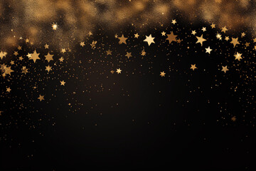 Black Christmas new year background with gold glitters and stars, space for text