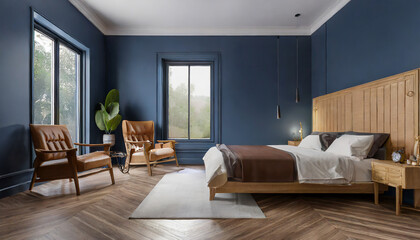 Fototapeta na wymiar Modern mid century and minimalist interior of Bedroom ,wood bed and bedside table with leather armchair on dark blue wall and wood floor
