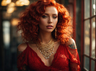 A beautiful red-haired model with flawless makeup tattoo and jewelry