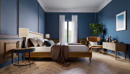 Modern mid century and minimalist interior of Bedroom ,wood bed and bedside table with leather armchair on dark blue wall and wood floor