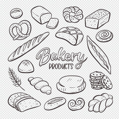 Bread and bakery products isolated on white background. Hand-drawn doodle illustration. Bakery good set. Vector illustration. Set 1 of 2.