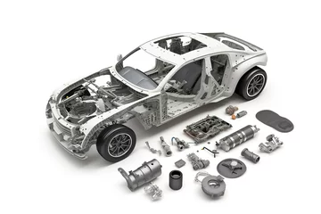 Fotobehang Illustration of car body with the parts on side for maintenance concept, AI-Generated image. © SNEHIT PHOTO