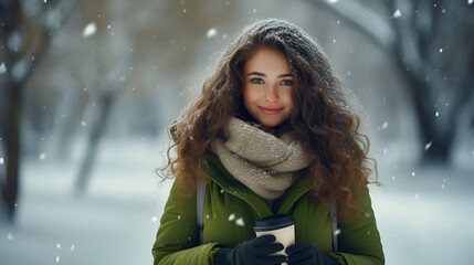 a beautiful smiling girl walking in winter. the woman is dressed in a winter coat, she is happy,...