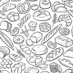 Bread and bakery products seamless pattern. Hand-drawn doodle illustration. Isolated baked good set. Repeat pattern. Vector illustration.